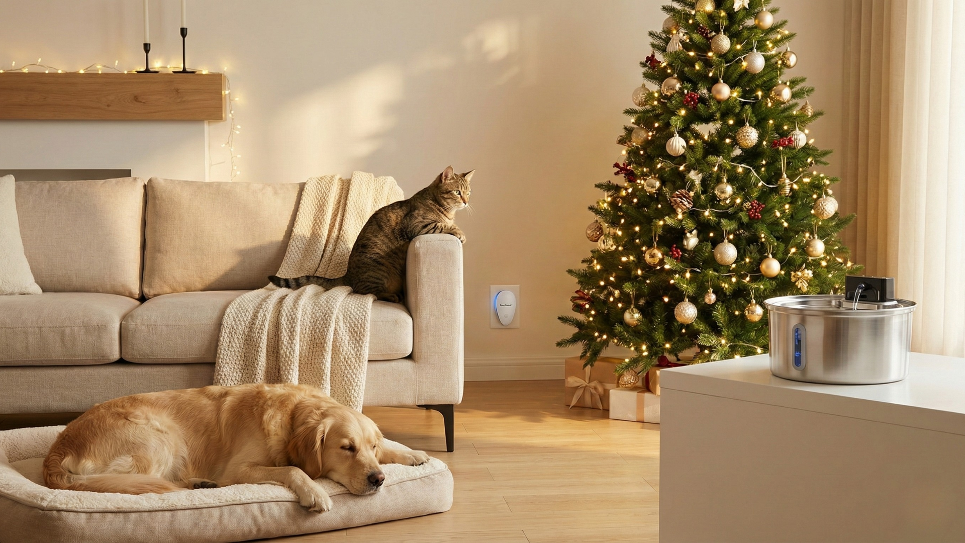 Dog and cat lying on a couch in a living room with a decorated Christmas tree.