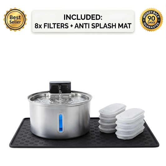 Stainless steel pet water fountain with filters and anti-splash mat on a white background